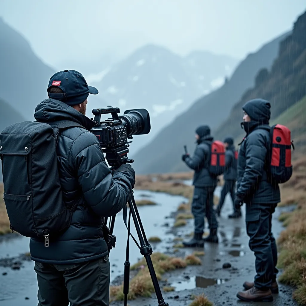 An image of a video production crew filming in the mountains for the fullframe creative agency blogpost on adapting video shotoa to metereological conditions