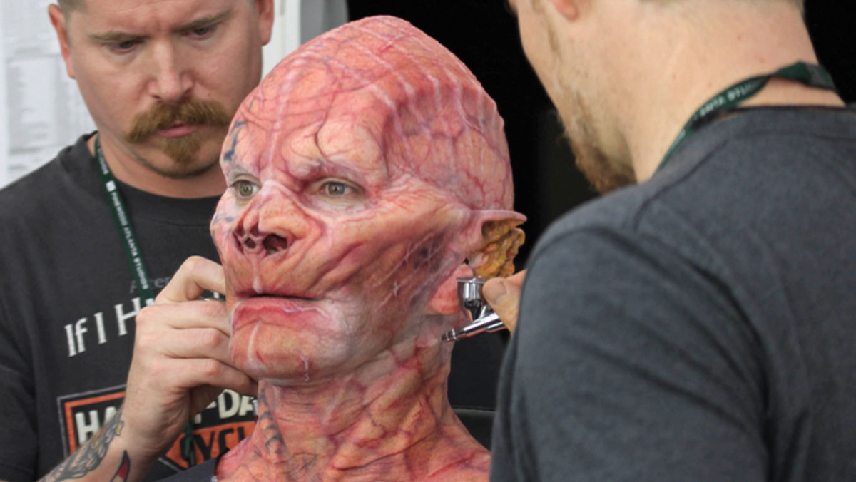 A behind the scenes image of vfx makeup on set Guardians of the Galaxy vol 3, image from Local 706, for the fullframe blog on practical effects in 2024