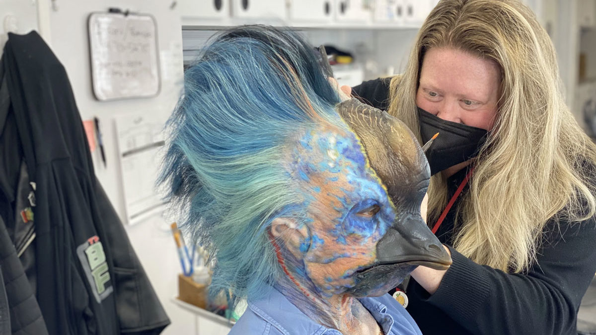 A behind the scenes image of vfx makeup on set Guardians of the Galaxy vol 3, image from Popsugar courtesy of marvel studios, for the fullframe blog on practical effects in 2024