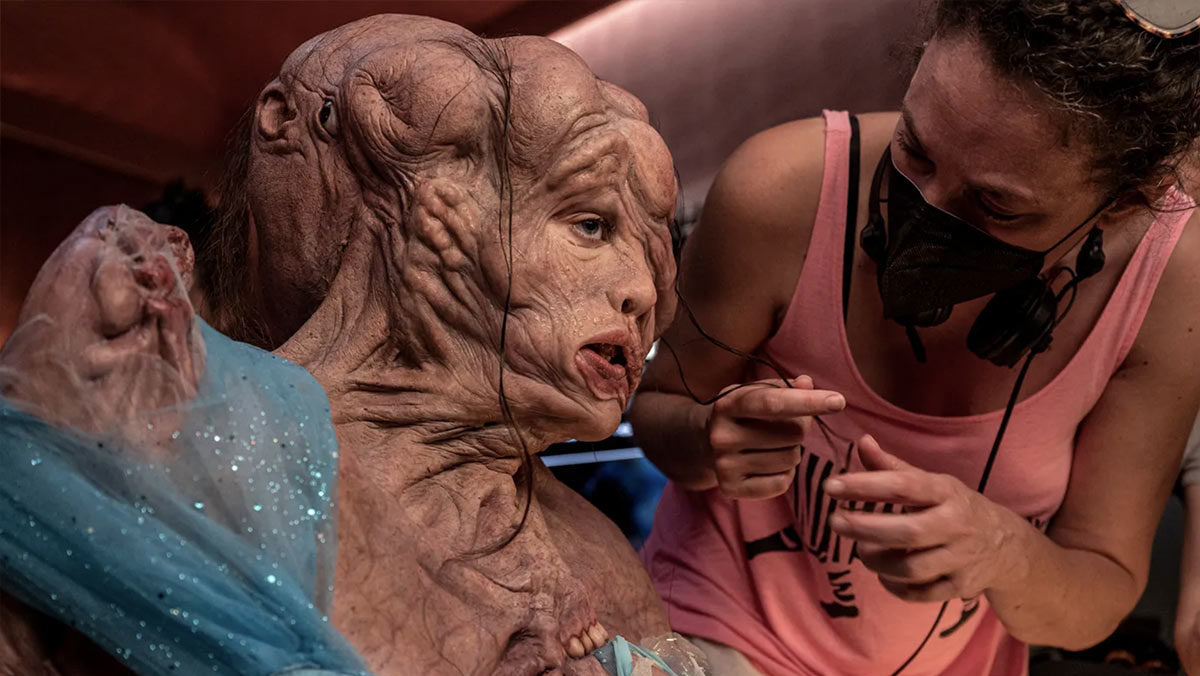 A behind the scenes image of The Substance makeup effects, image from the ThePlaylist, for the fullframe blog on practical effects in 2024