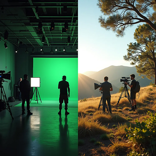 Split screen image of video production crew members working in a green screen studio and outdoors