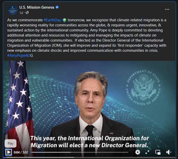 Image of a Facebook post created by the US State Department with a video produced by the fullframe creative agency during a social media marketing campaign for the US mission to the UN.