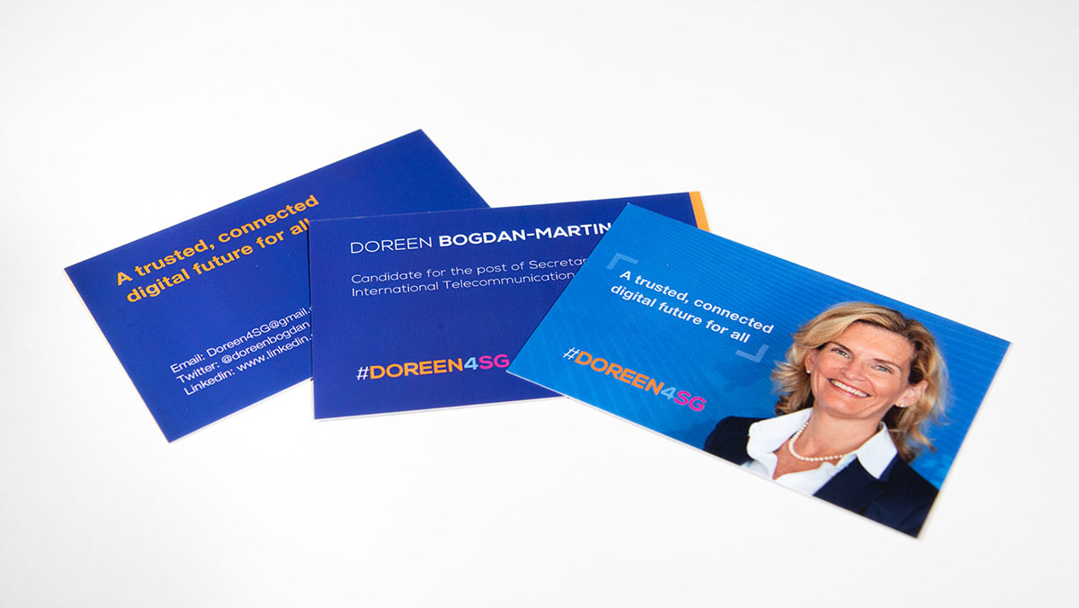 Échantillon carte de visite de la campagne de marketing sur les réseaux sociaux pour Doreen Bogdan-Martin par l’agence créative Fullframe