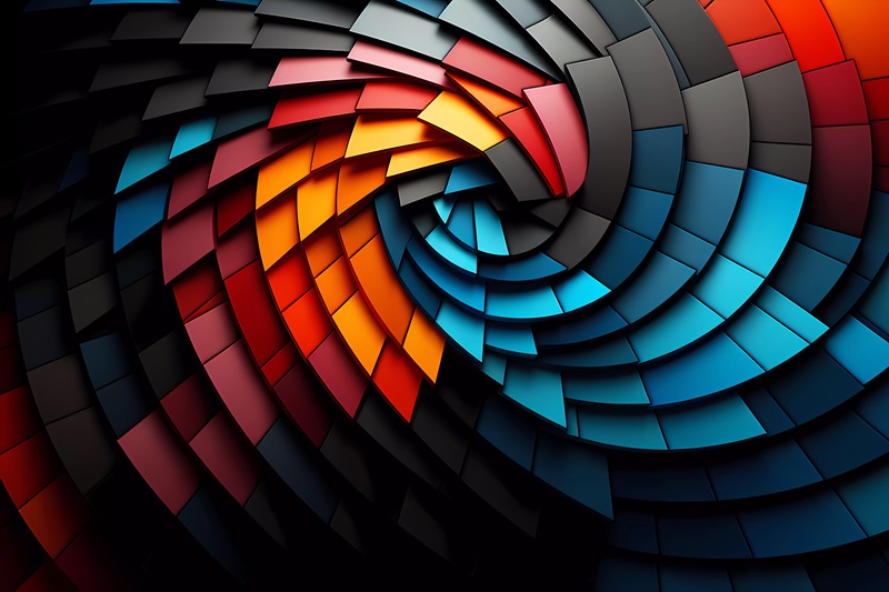 Color spiral made of blocks of various sizes in many colors as a sample graphic design image by the Fullframe Creative Agency.
