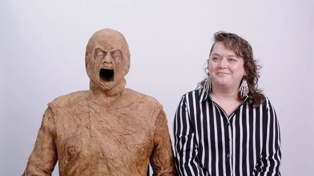 A behind the scenes image of wood golem of The Oddity, image from Mashable, for the fullframe blog on practical effects in 2024