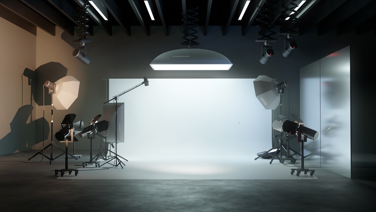 Image of a Large photo studio with lots of equipment, lights, white backdrop as part of the Fullframe Creative Agency list of services.