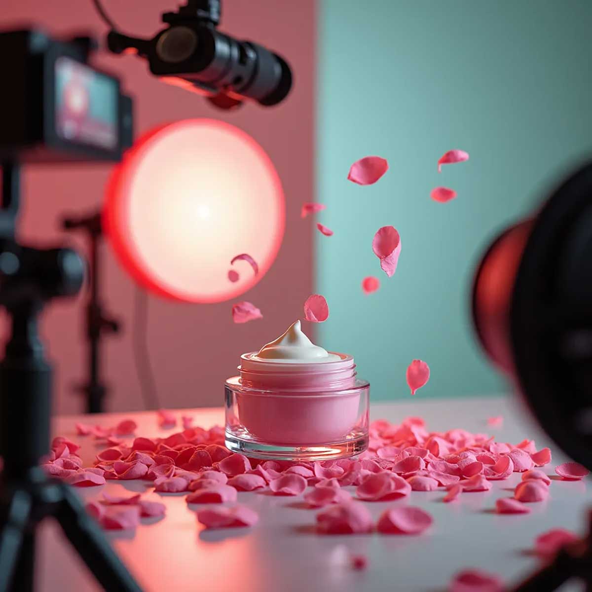 Une image d'une shoot de démonstration d'un produit vidéo de crème pour le visage avec des pétales de rose pour l'agence fullframe creative blogpost on video marketing lausanne geneve