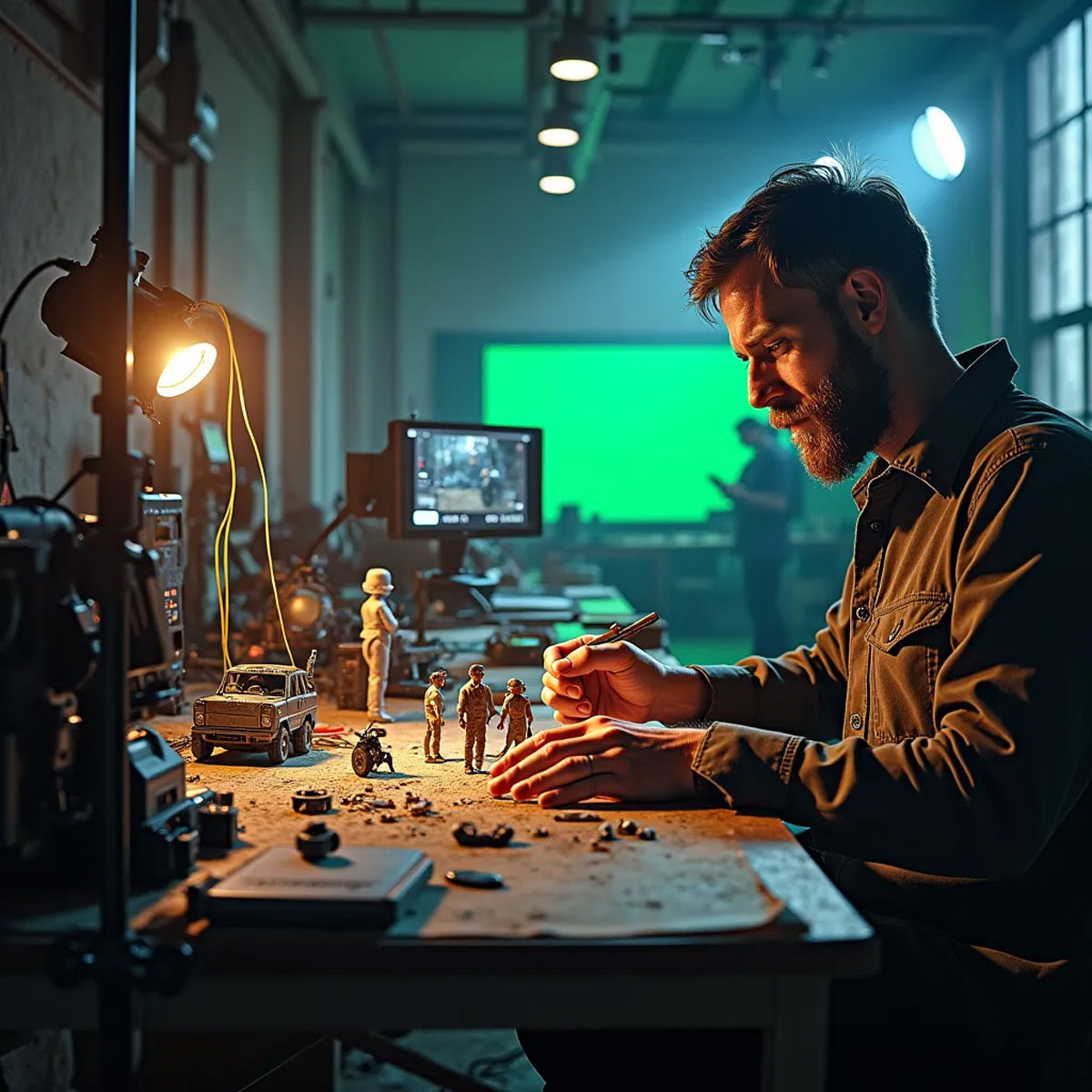 An image of a man preparing and painting miniatures for visual movie effects, for the fullframe blogpost on practical and virtual effects