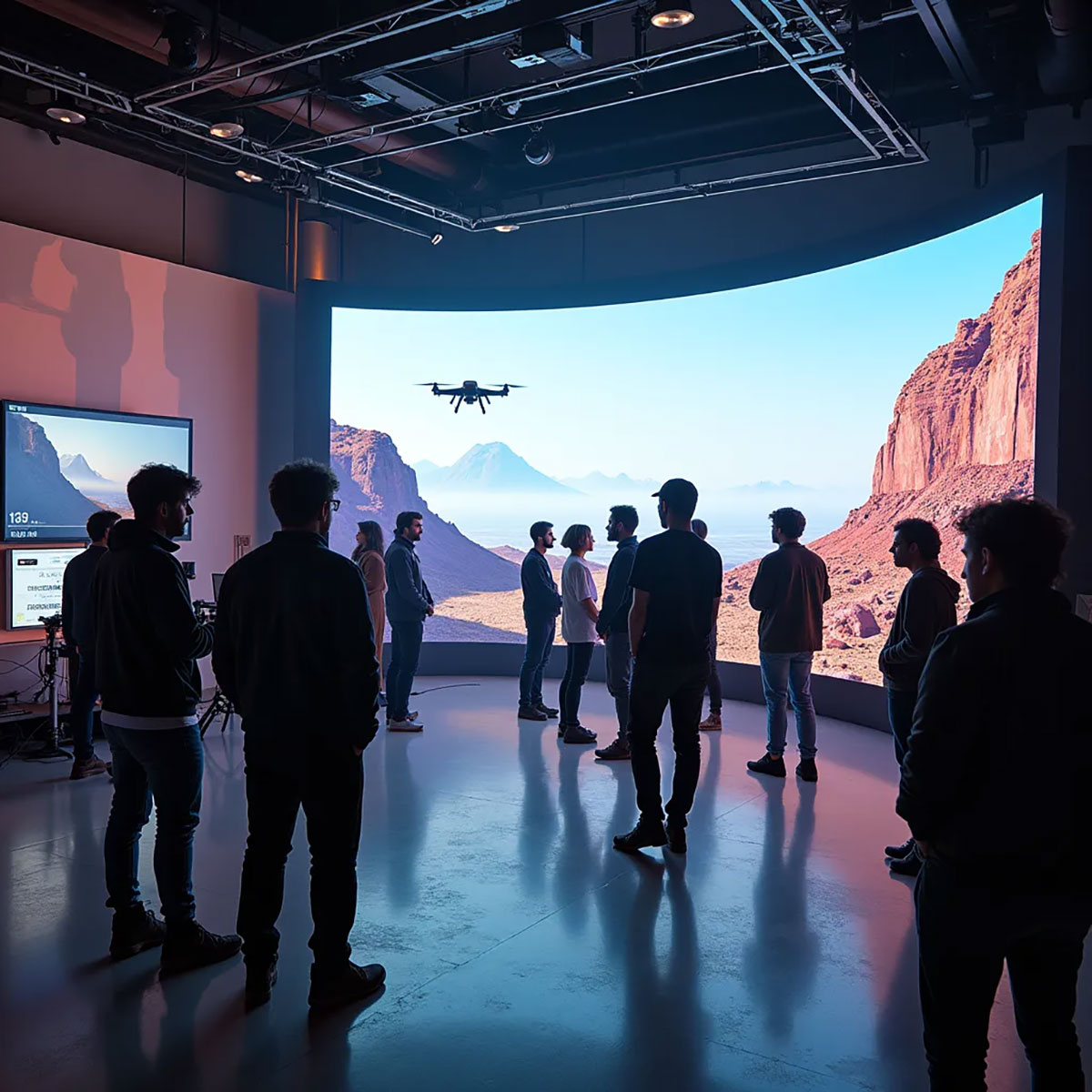 An Image of video production specialists working with LED screens and drones for the fullframe blogpost on new technologies