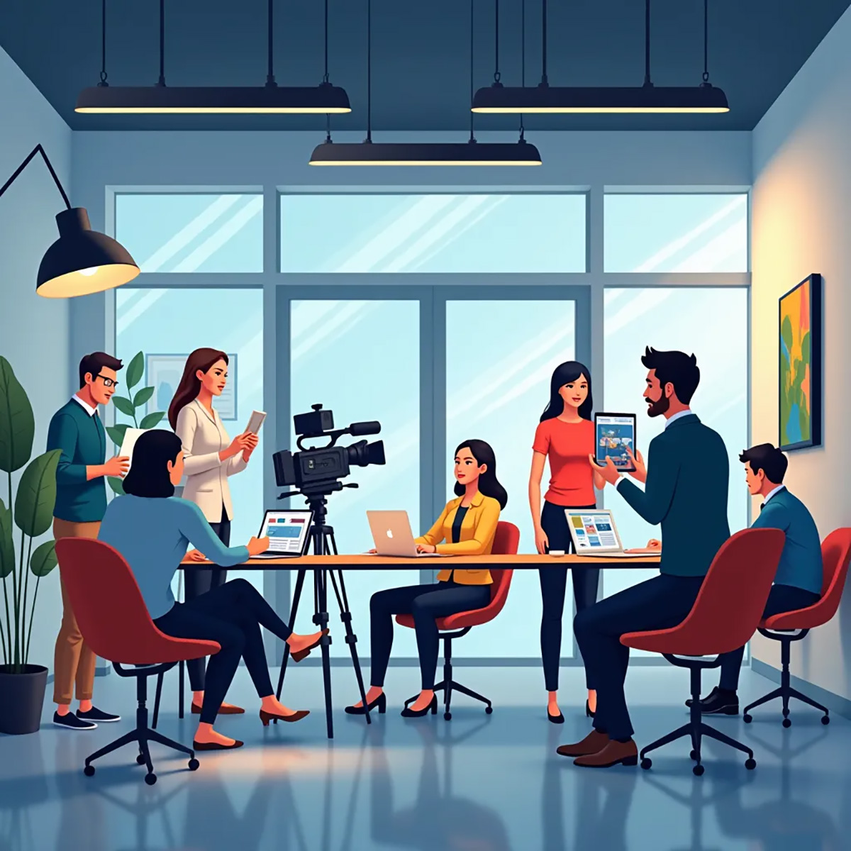 An illustration of people in a corporate workspace for the fullframe blog on corporate video production