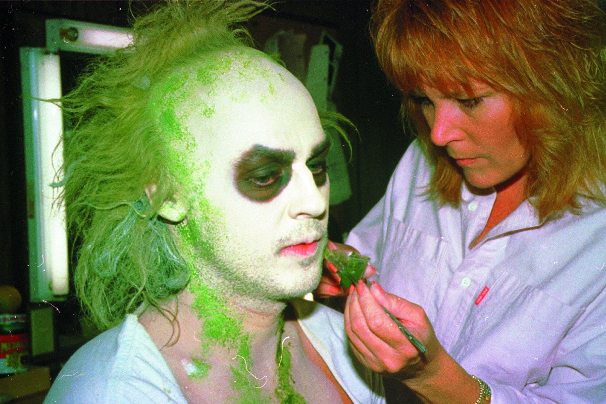 A behind the scenes image of Ve Neill makeup artist Michael Keaton Beetlejuice 2, image from reddit, for the fullframe blog on practical effects in 2024