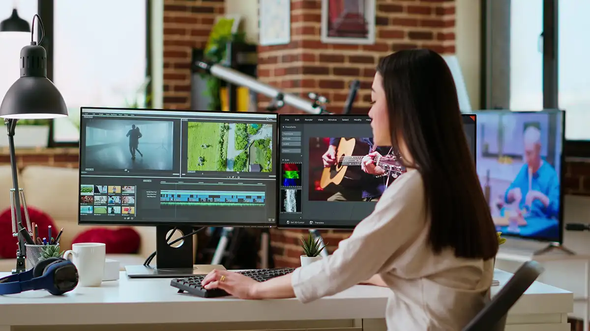 Image of a young female video editor working on video production service at the fullframe creative agency.