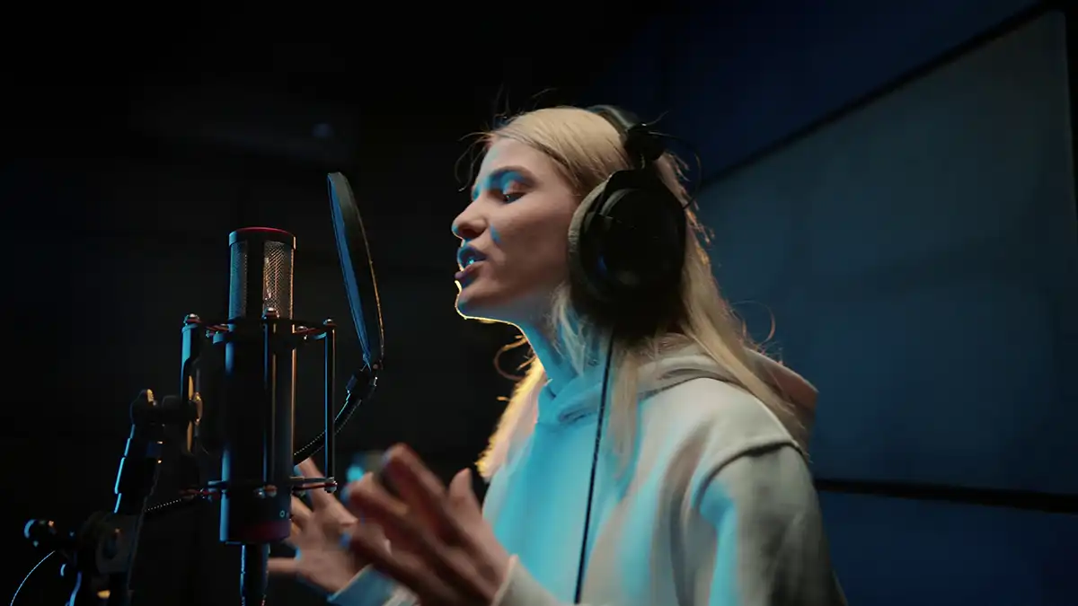 Young female voice over artist recording her voice in a studio during a video production project at the fullframe creative agency in switzerland.